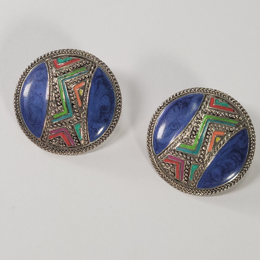 Berebi Enamel Disc Earrings Blue Southwestern Geometric Vintage Style Jewlery